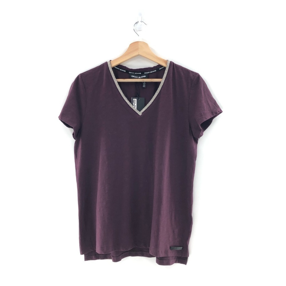 DKNY Jeans Embellished V-Neck Cotton T-Shirt Wine Medium